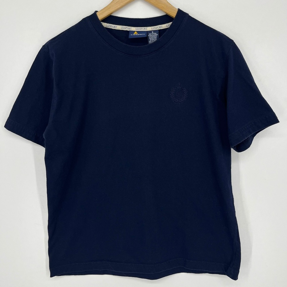 Lizsport Womens Blue Cotton Short Sleeve Embroidered Crest T-Shirt Small Vtg